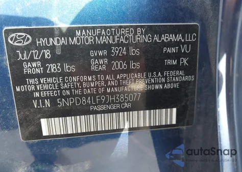 2018 Hyundai Elantra Sel z USA, uszkodzony, nr VIN 5NPD84LF9JH385077